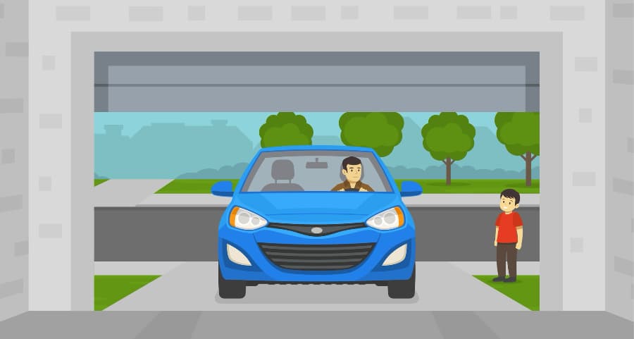 Illustration of a man driving into the garage with a child looking on.